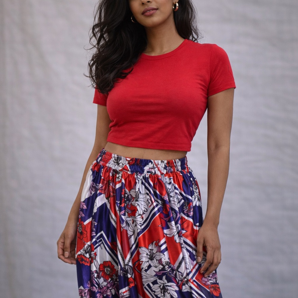 Truly 4 You Satin Maxi Skirt – Red White Blue Floral Scarf Print – Size M